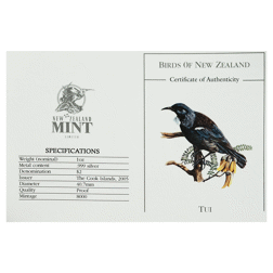 Pre-Owned 2005 Cook Islands Birds of New Zealand: Tui 1oz Proof Design Silver Coin - VAT Free